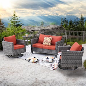 Mirage Gray 4-Piece Wicker Outdoor Rocking Chair Set with Orange Red Cushions