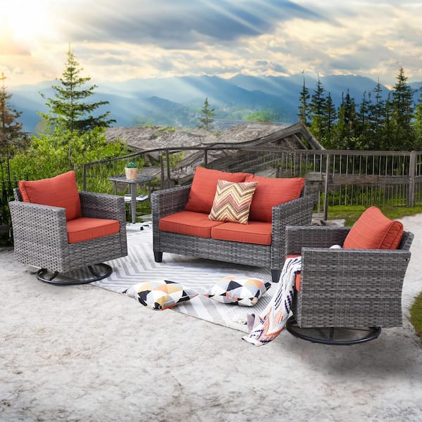 XIZZI Mirage Gray 4-Piece Wicker Outdoor Rocking Chair Set with Orange Red Cushions