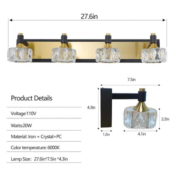 7.5 in. 4-Light Modern Black Crystal Bathroom LED Vanity Light Bar Over Mirror Bath Wall Lighting Fixtures with Frame