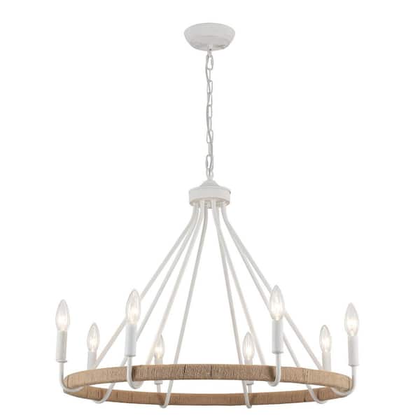 ADSENSTY 8-Light Vintage White and Brown Farmhouse Hemp Rope Wagon Wheel Chandelier for Living Room