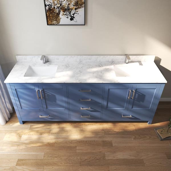 84 in. W x 22 in. D x 35 in. H Double Sinks Bath Vanity Cabinet in Blue with Cultured Marble Top