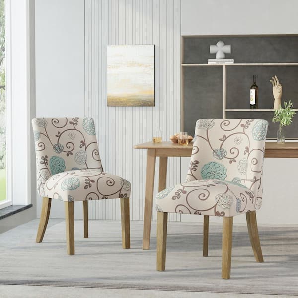 CHRISTOPHER KNIGHT HOME Vaughn Beige, Blue, and Natural Fabric Upholstered Dining Chairs with Solid Wood Legs (Set of 2)