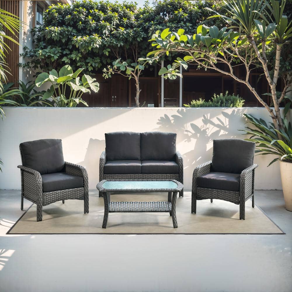 New Hyacinth Gray 4-Piece Wicker Patio Outdoor Conversation Seating Set wit