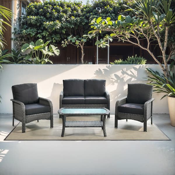 Unbranded New Hyacinth Gray 4-Piece Wicker Patio Outdoor Conversation Seating Set with a Coffee Table and Black Cushions