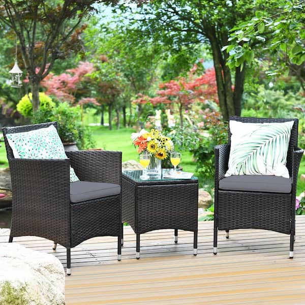 3 of Pieces Ergonomic Wicker Patio Conversation Set with Gray Cushions