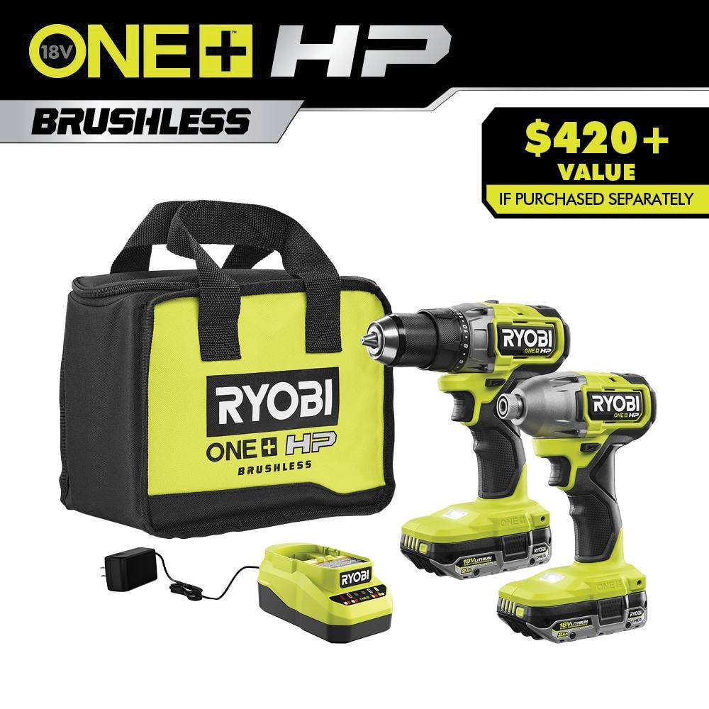 RYOBI ONE+ HP 18V Brushless Cordless 1/2 in. Drill/Driver and Impact Driver Kit w/(2) 2.0 Ah Batteries, Charger, and Bag PBLCK01K - The Home Depot