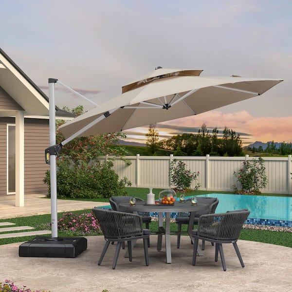 PURPLE LEAF 11 ft. Octagon High-Quality Aluminum Cantilever Polyester Outdoor Patio Umbrella with Base, Beige