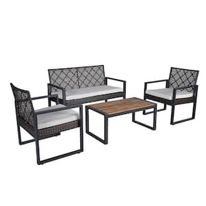 4-Piece Metal Frame Outdoor Bistro Set 2 Chairs, Double Chair, with Beige Cushions and Acacia Wood Table Top, for Garden