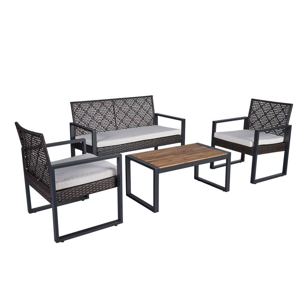 4-Piece Metal Frame Outdoor Bistro Set 2 Chairs, Double Chair, with Beige Cushions and Acacia Wood Table Top, for Garden price history on PriceWatchPro