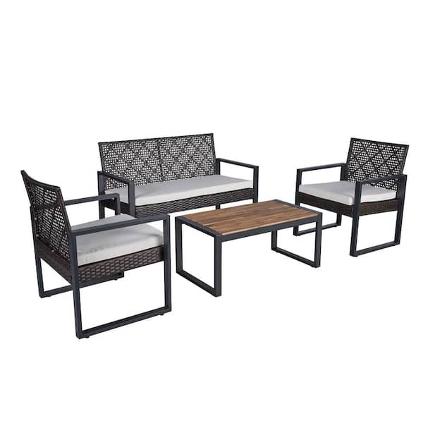 FIROMO 4-Piece Metal Frame Outdoor Bistro Set 2 Chairs, Double Chair, with Beige Cushions and Acacia Wood Table Top, for Garden