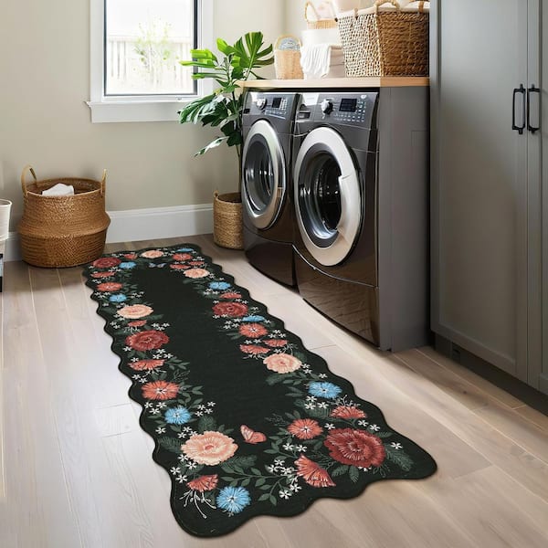 Wavy Edge Decorative Machine Washable Vintage Floral Printed Carpet for Bedroom Apartment Black 2 ft. x 6 ft. Area Rug