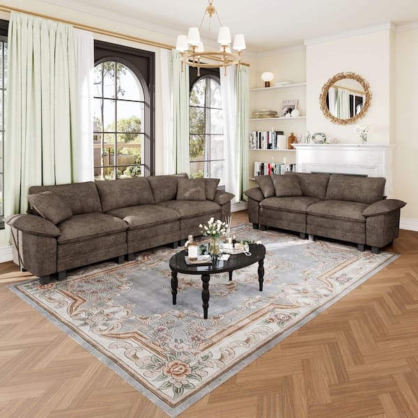 123.6 in. Flared Arm 5-Seat Chenille Modular Sectional Sofa in. Taupe with 5 Throw Pillows for Living Room