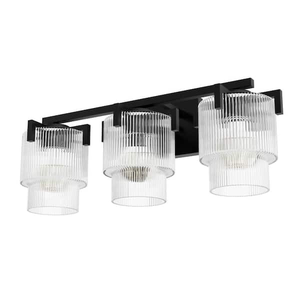 Ontario 24.25 in. 3-Light Matte Black Vanity Light with Clear Ribbed Glass Shades
