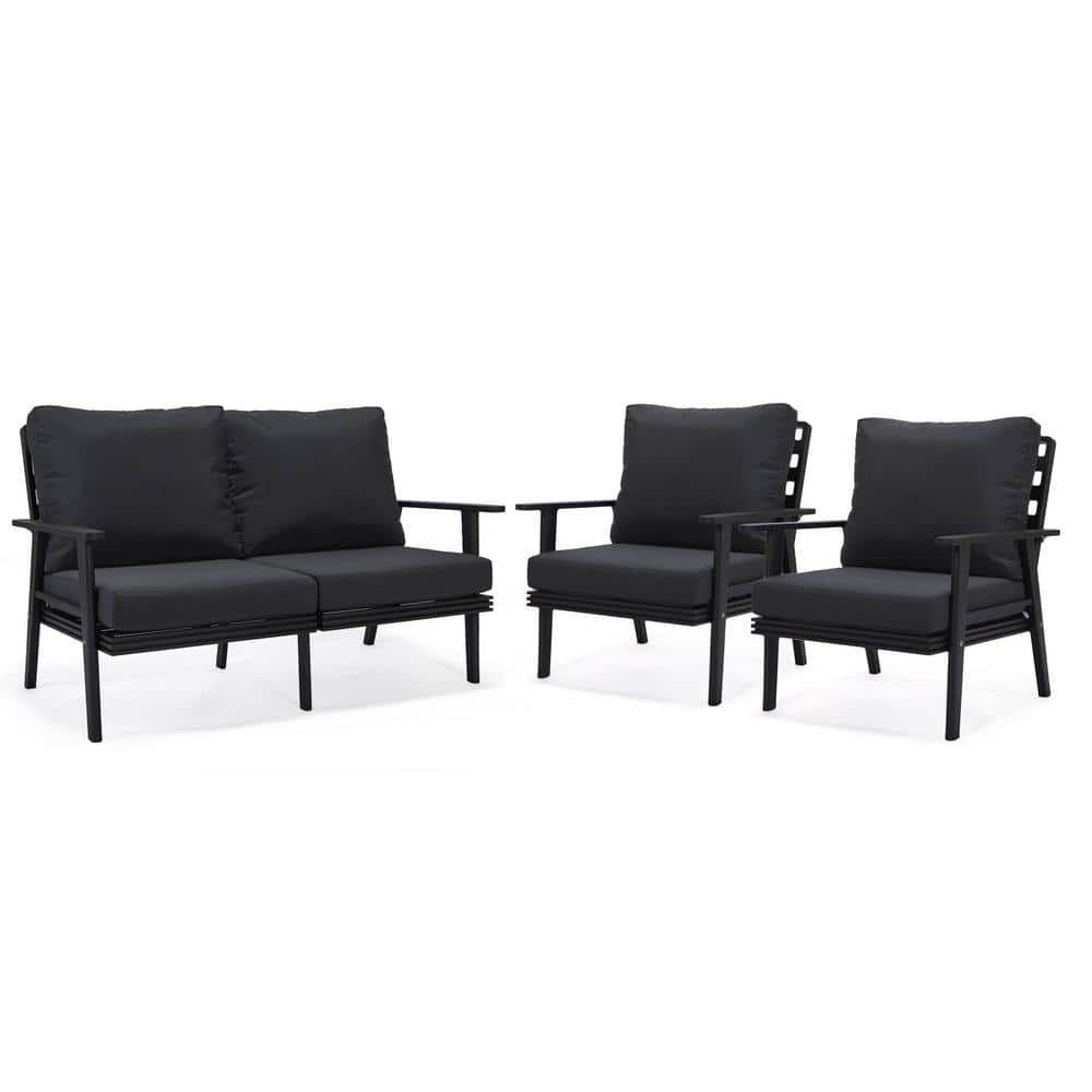 Leisuremod Walbrooke Black 3-Piece Aluminum Outdoor Loveseat And Set Of ...