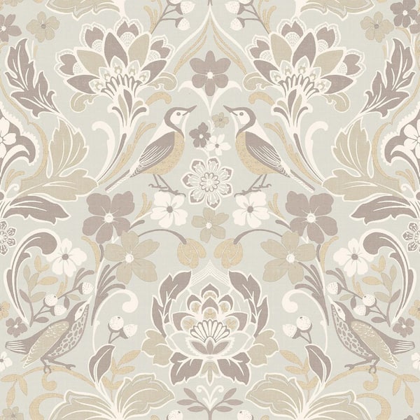 Birdy Neutral White Nuthatch Floral Wallpaper Sample