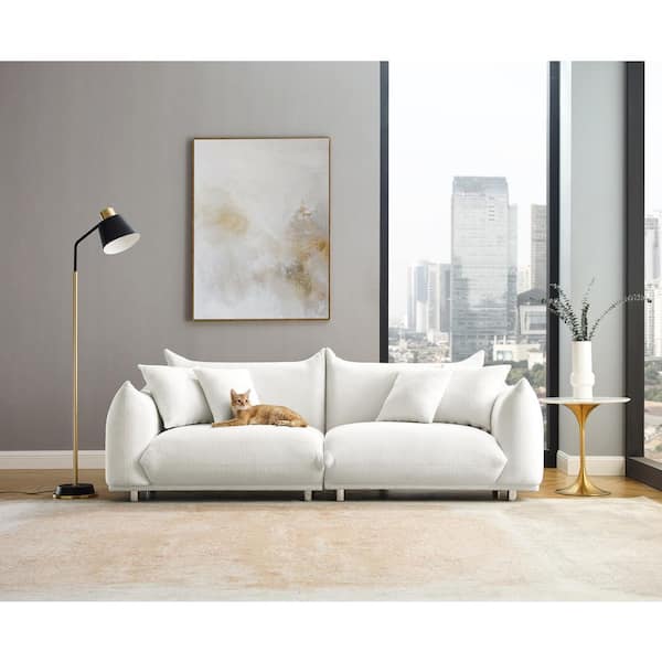 MINIMORE Chris 88.9 in. W Round Arm Sherpa Fabric Modern Design 3-Seat Straight Sofa with Metal Chrome Legs in White