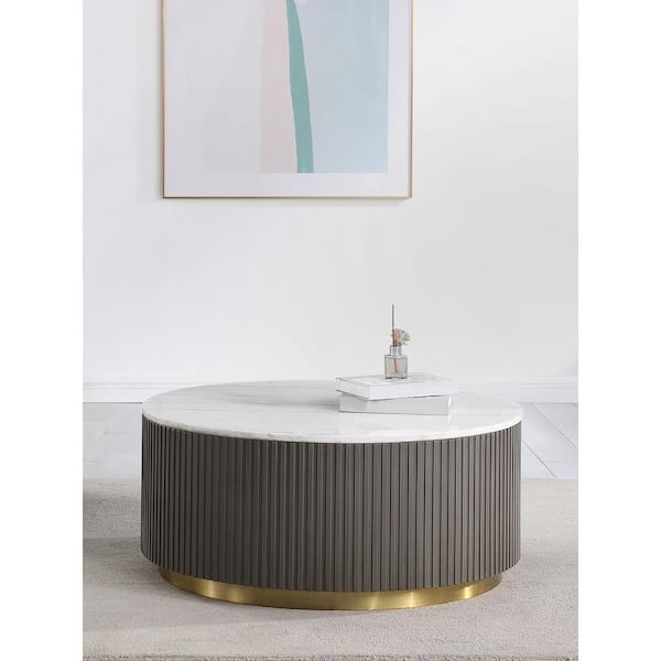 Jason 35 in. White and Charcoal Round Marble Top Coffee Table