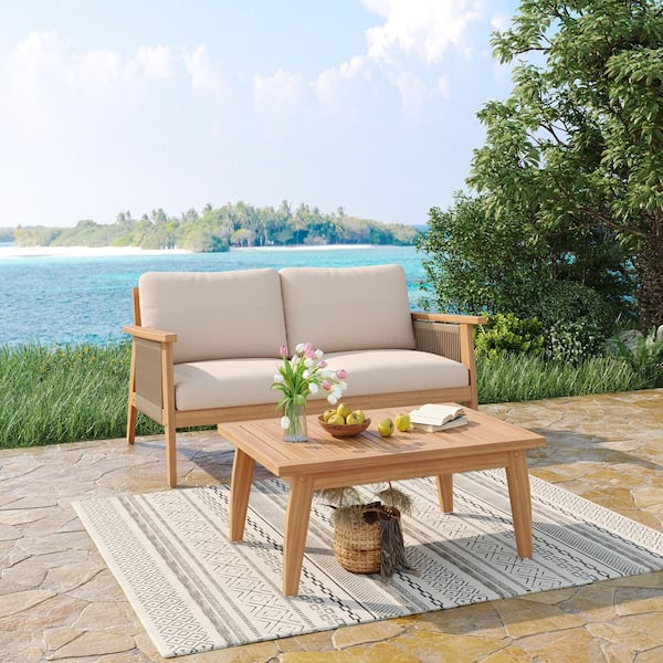 CHRISTOPHER KNIGHT HOME Sage Outdoor 2 Piece Solid Wood Rope Loveseat and Table Set Patio Conversation Set with Beige Cushions, Teak Finish