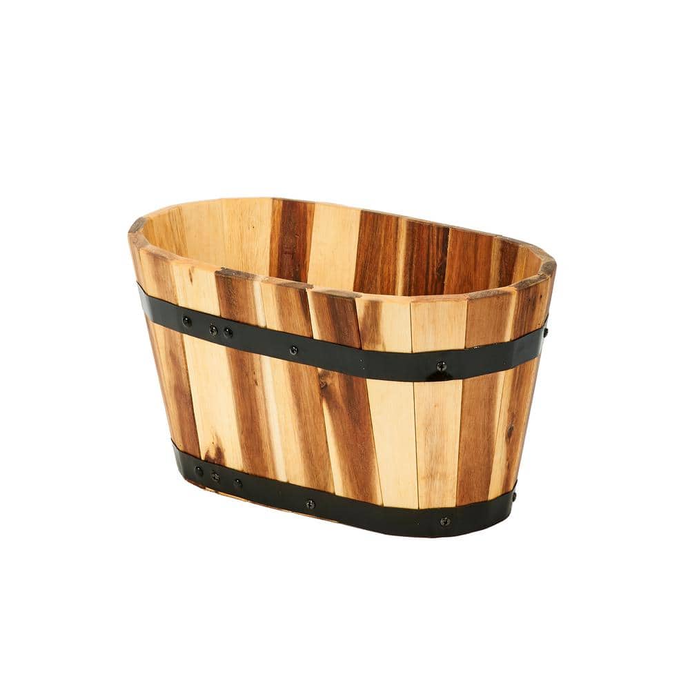 15" Brown Acacia Wood Oval Barrel Planter
