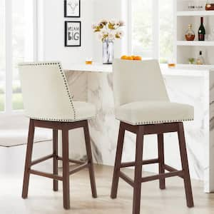 29.53 in Back Swivel Velvet Beige Bar Stool with Rubber Wood Frame (Set of 2)