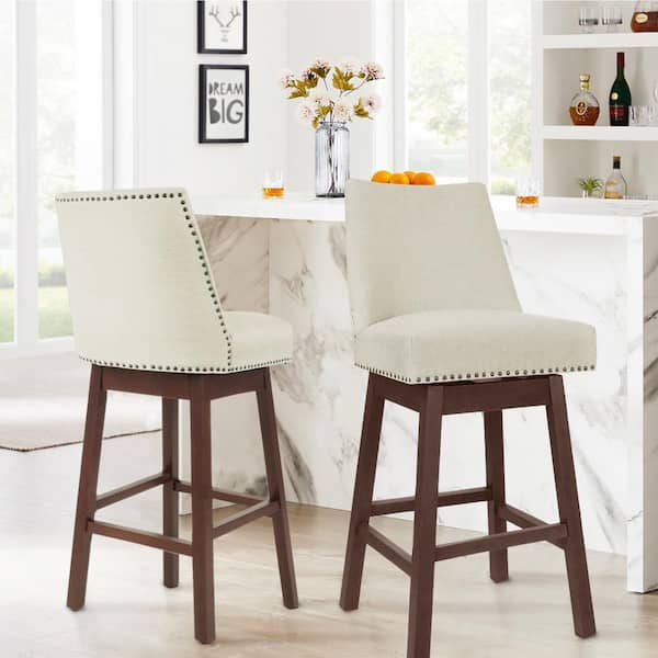 JEAREY 29.53 in Back Swivel Velvet Beige Bar Stool with Rubber Wood ...