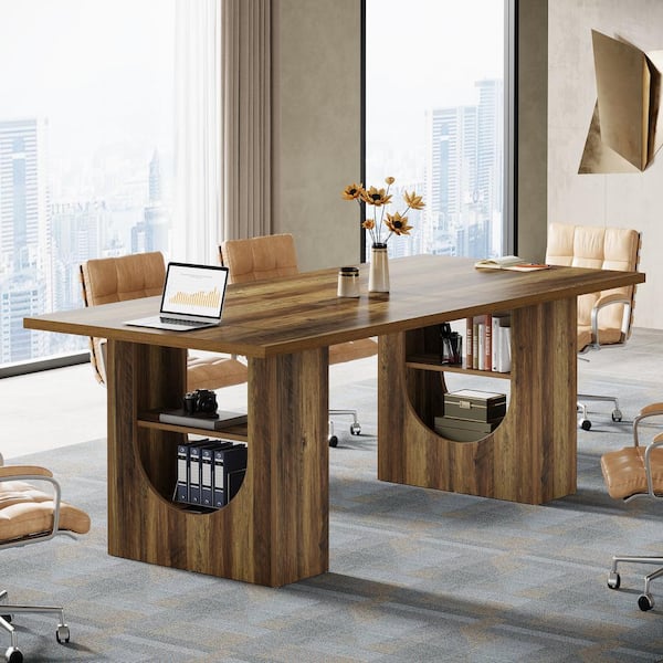 BYBLIGHT Moronia 70.9 in. Large Brown Executive Desk Conference Table with U-Shaped Leg and Storage Shelf for Office Meeting