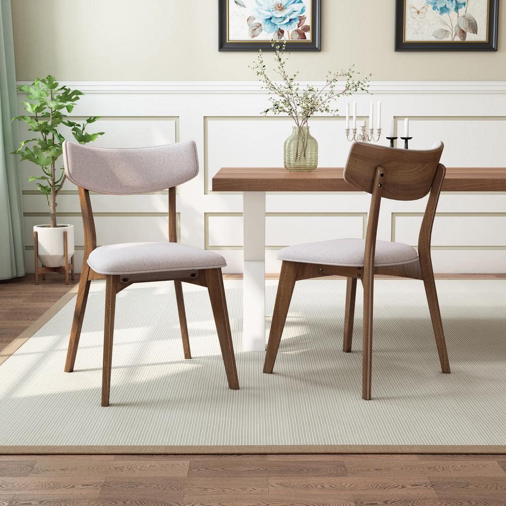 Light Beige Fabric Upholstered Dining Chairs with Natural Walnut Finished Frame and Solid Wood Legs (Set of 2)