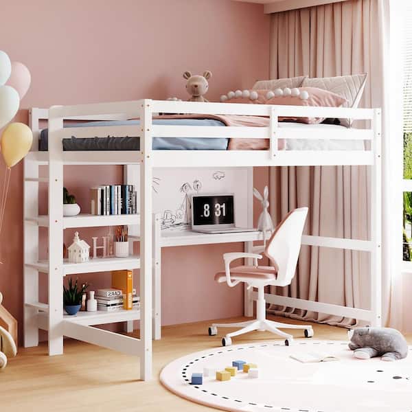 Harper & Bright Designs White Full Size Wood Loft Bed with Ladder, Shelves, Desk and Writing Board