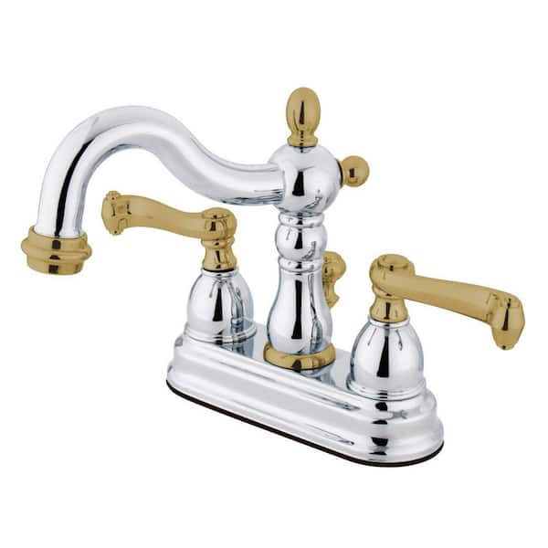 Kingston Brass Heritage 4 in. Centerset 2-Handle Bathroom Faucet with Plastic Pop-Up in Polished Chrome/Polished Brass