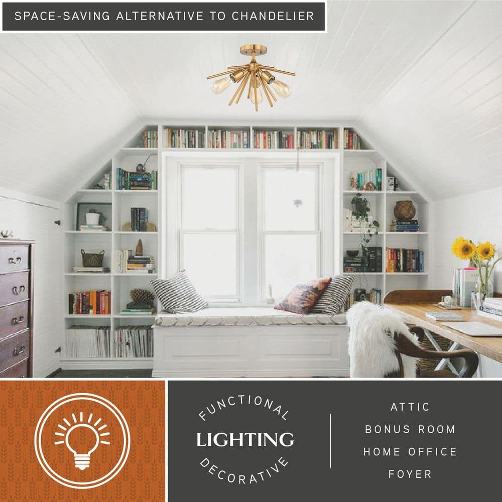 Estelle Natural Brass Mid-Century Modern 17" Semi-Flush Mount Ceiling Light