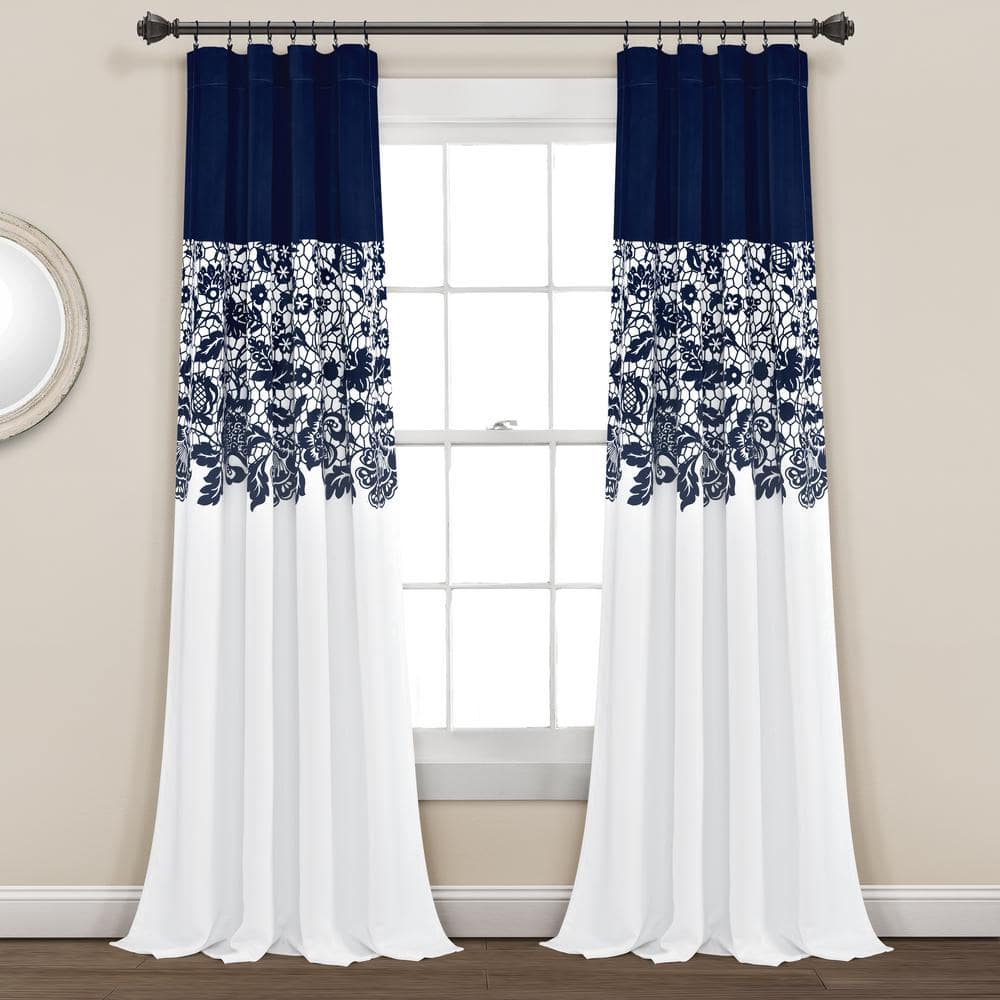 Navy and White Floral Blackout Polyester Window Panels