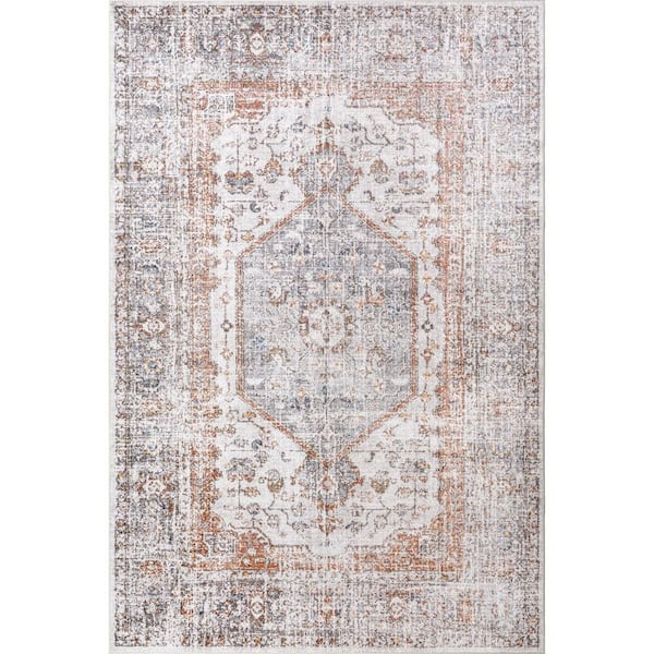 Vintage Medallion Spill Proof Washable Light Grey 6 ft. x 9 ft. Indoor Area Rug