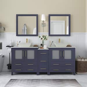 Ravenna 72 in. W Double Basin Bathroom Vanity in Blue with White Engineered Marble Top and Mirrors