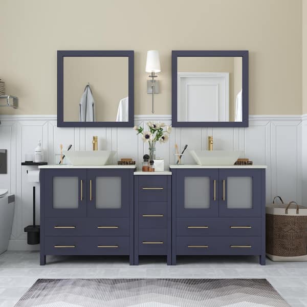 Vanity Art Ravenna 72 in. W Double Basin Bathroom Vanity in Blue with White Engineered Marble Top and Mirrors