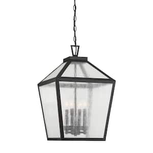 Woodstock 15 in. W x 23.5 in. H 4-Light Black Outdoor Hanging Lantern with Clear Seeded Glass Panes