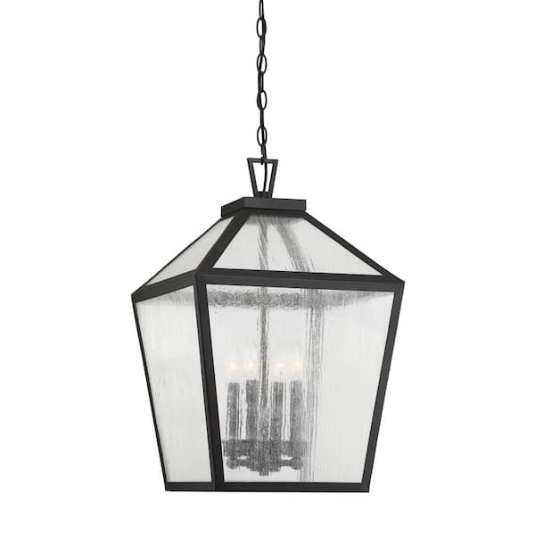 Savoy House Woodstock 15 in. W x 23.5 in. H 4-Light Black Outdoor Hanging Lantern with Clear Seeded Glass Panes