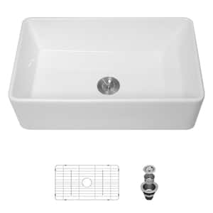 33 in. Farmhouse/Apron Front Single Bowl White Porcelain Ceramic Kitchen Sink Farmer Basin with Bottom Grid