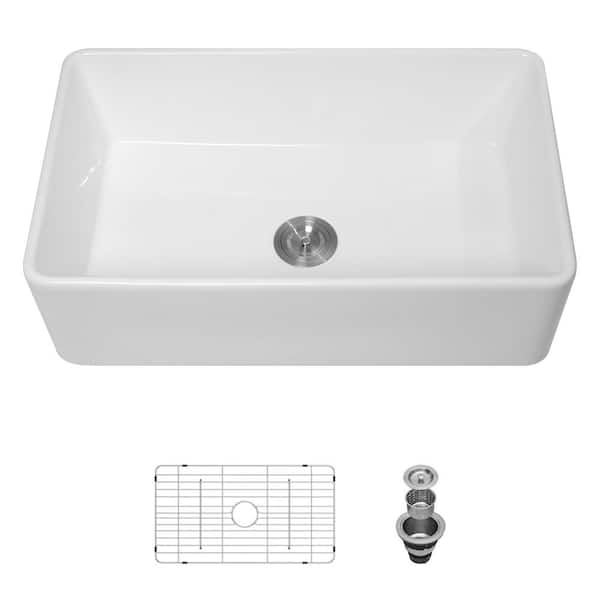 33 in. Farmhouse/Apron Front Single Bowl White Porcelain Ceramic Kitchen Sink Farmer Basin with Bottom Grid