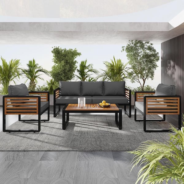 4-Piece Metal and Wood Frame 5 Person Seat Patio Conversation Set with Gray Removable Cushions and Pillows