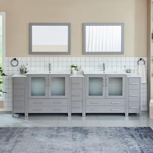 Brescia 108 in. W x 18 in. D x 36 in. H Bathroom Vanity in Grey with Double Basin Top in White Ceramic and Mirrors