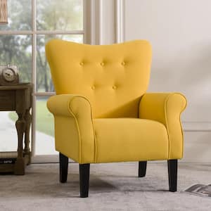 Modern Wing Back Accent Chair Roll Arm Living Room Cushion with Wooden Legs - Yellow