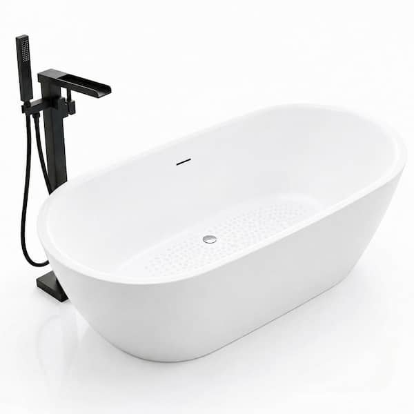Ami 59 in. x 30 in. Freestanding Soaking Bathtub in Glossy White with Center Drain and 2-Handle Freestanding Faucet