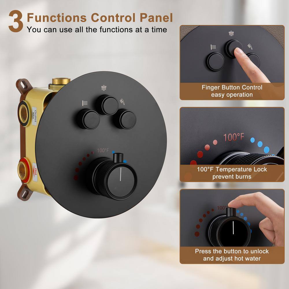 Matte Black Stainless Steel Thermostatic Rain Shower System with Handheld