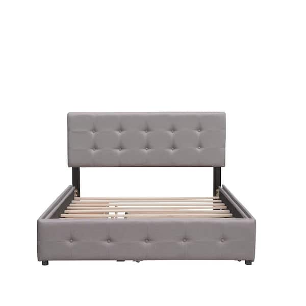 Light Gray Wood Frame Queen Size Platform Bed with 2-Drawers and Twin XL Trundle