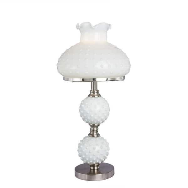 Fangio Lighting 22.25 in. Brushed Steel Metal Accent Lamp with White Hobnail Balls and Shade