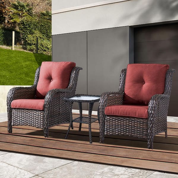 Gymojoy Carolina Brown 3-Piece Wicker Patio Conversation Set with Cushions