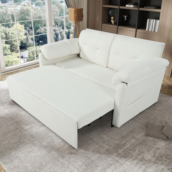 Emma 3-in-1 Convertible 71.65 in. Beige Chenille Upholstered Queen Size Sofa Bed, Side Storage
