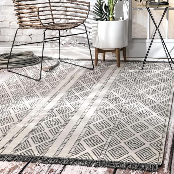 Miriam Striped Tribal Tassel Gray 4 ft. x 6 ft. Indoor/Outdoor Patio Area Rug