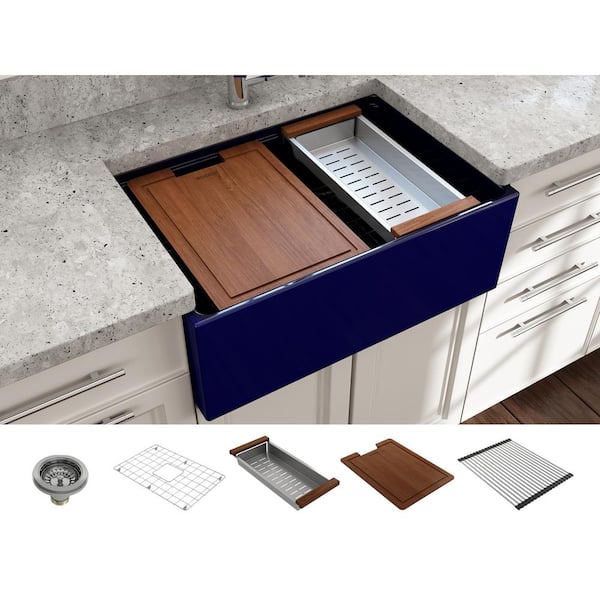 BOCCHI Contempo Workstation 27 in. Farmhouse Apron-Front Single Bowl Sapphire Blue Fireclay Kitchen Sink with Accessories