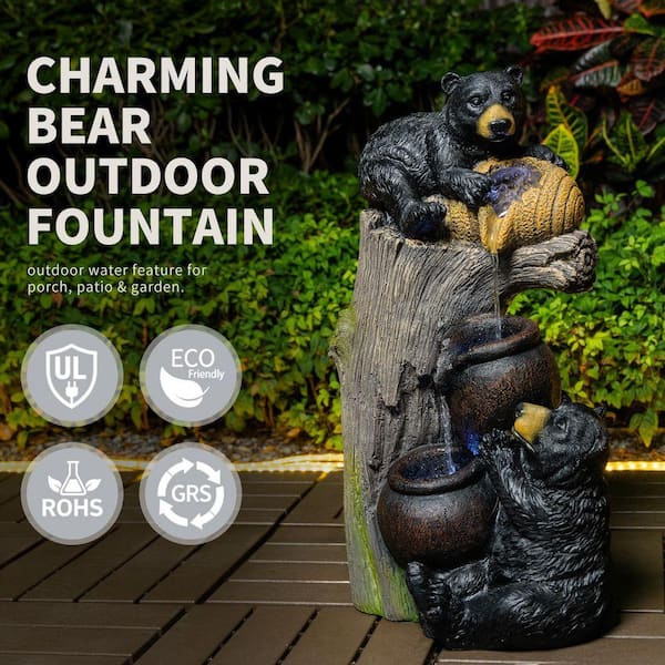 23.6 in. H Bear Resin Tiered Waterfall Water Fountain with LED